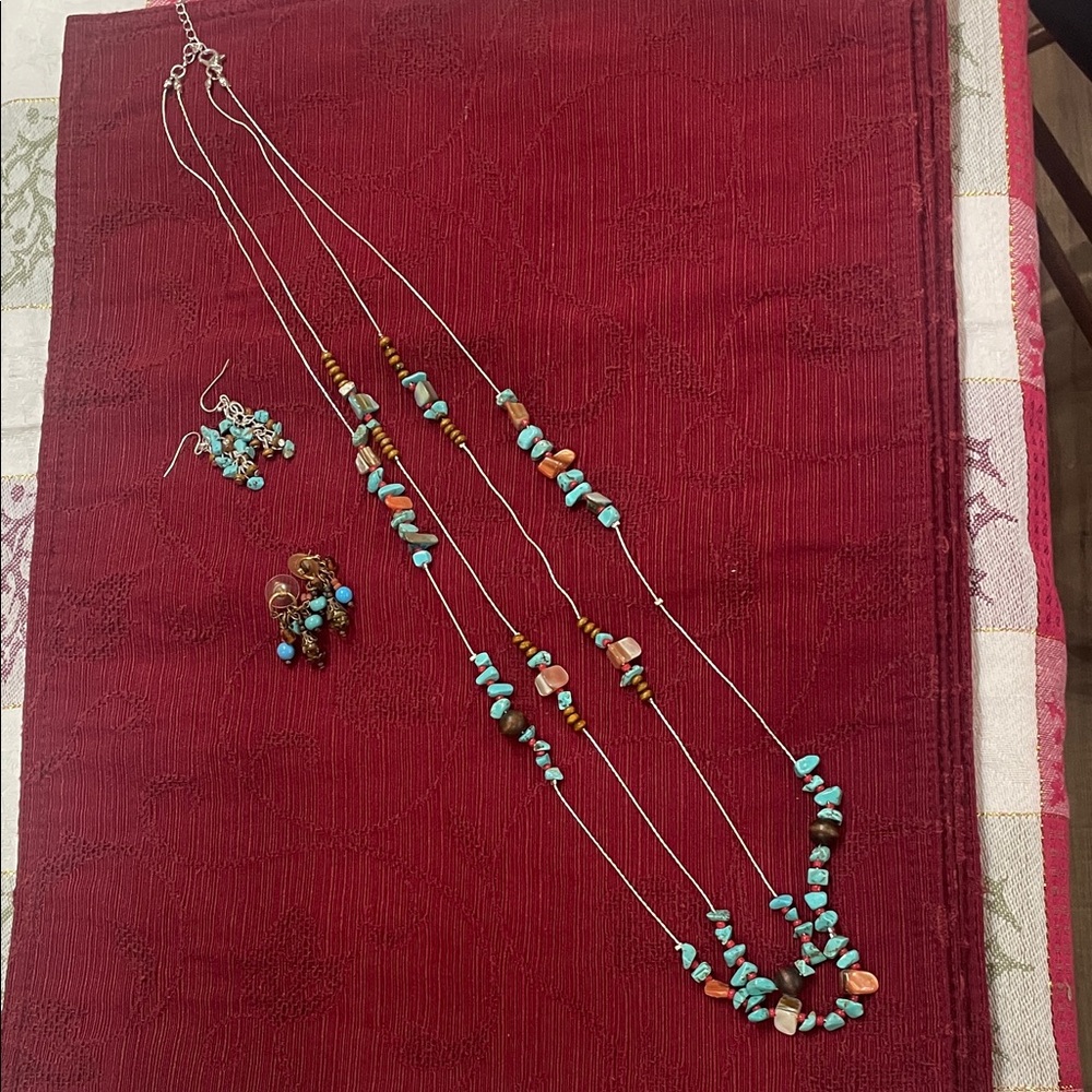Turquoise and Brown Beaded Necklace and Earring Set